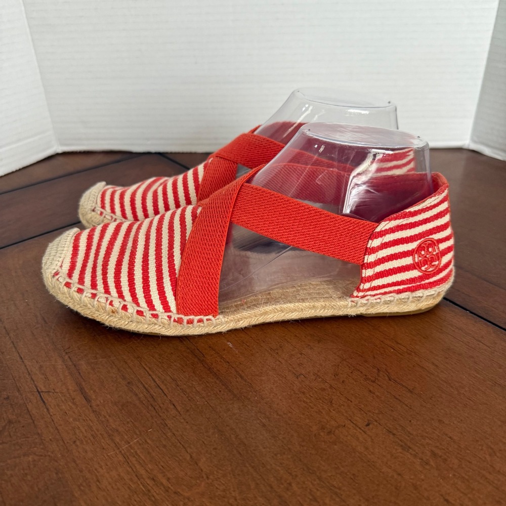 Tory Burch Red White Striped Canvas Elastic Strap Espadrille Flats 8